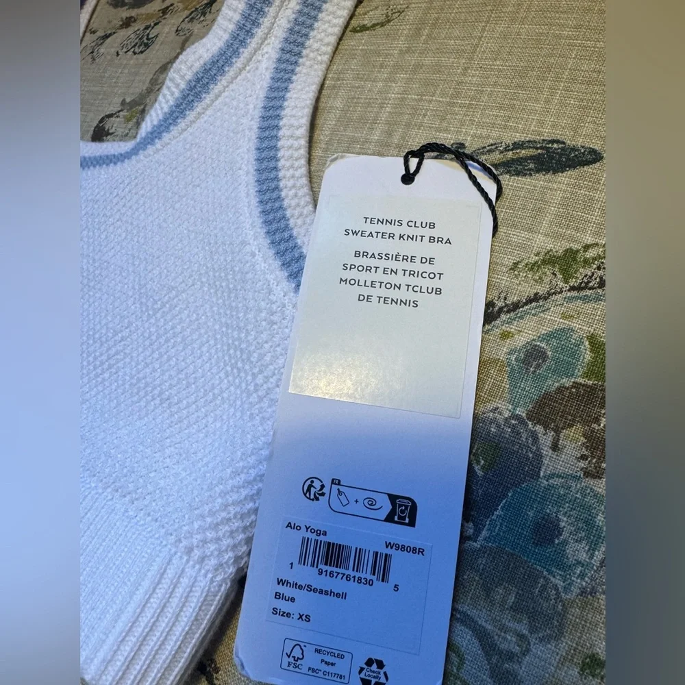 NWT ALO Yoga Tennis Club White and Crystal Blue Striped Knit Bra Top ONLY